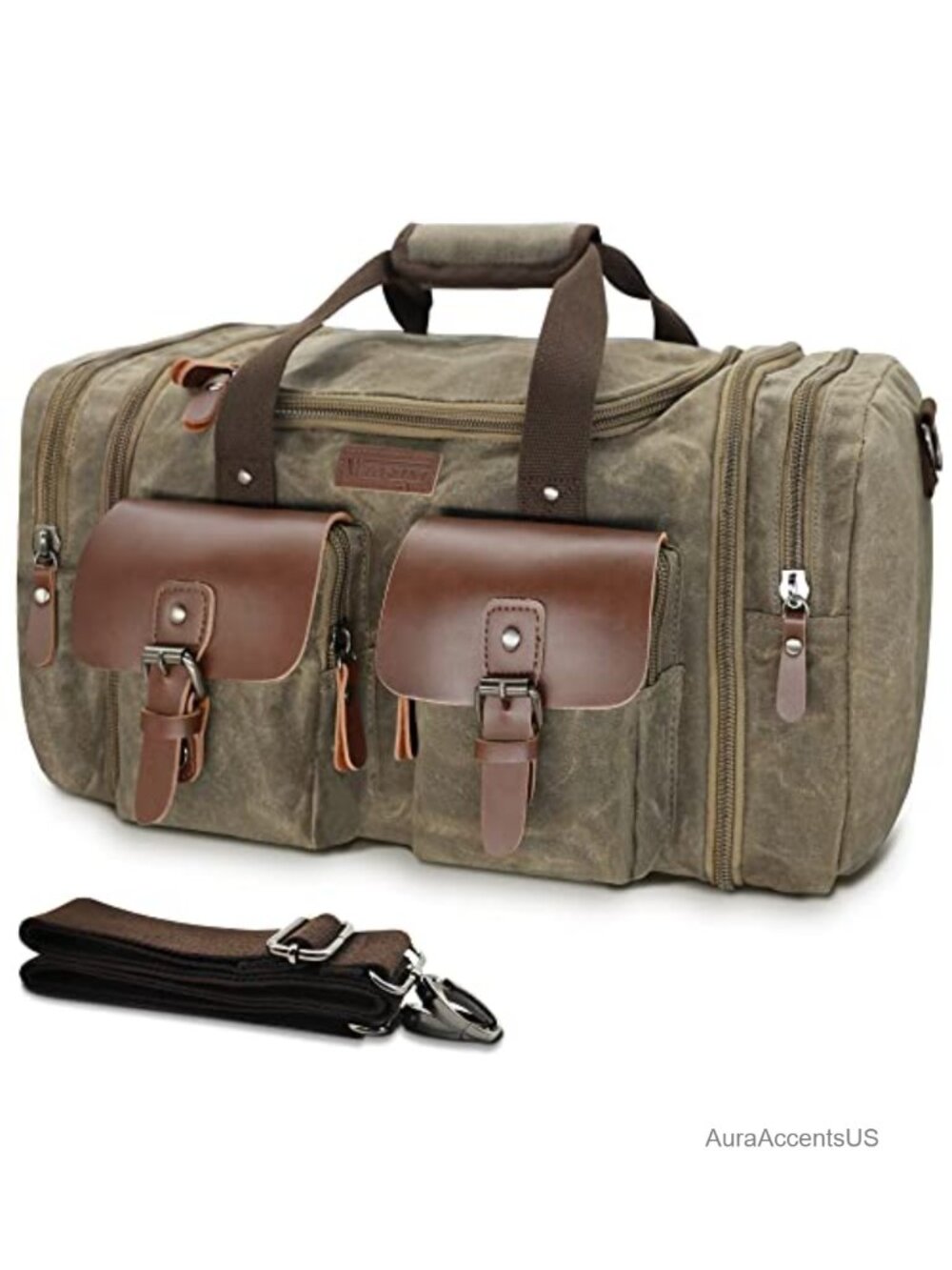 Waxed Canvas Duffle Bag 50L Weekender Overnight Travel Leather Trim